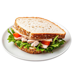 Obraz premium Tuna sandwich on a plate, isolated on a white background, beautifully arranged for presentation. cutout png