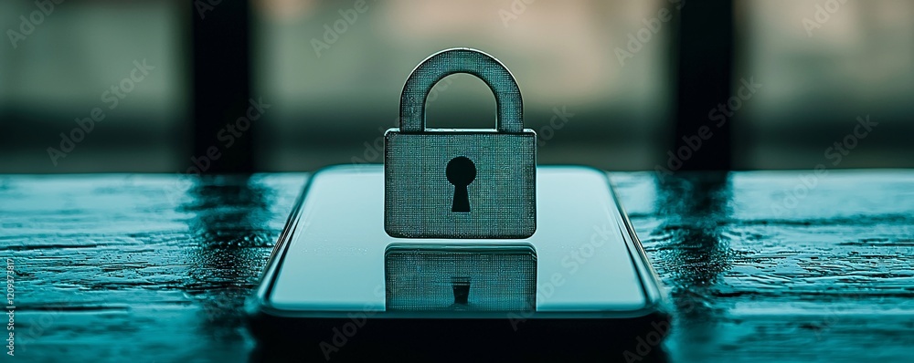Poster a glowing padlock on a smartphone screen representing data privacy and secure communication.