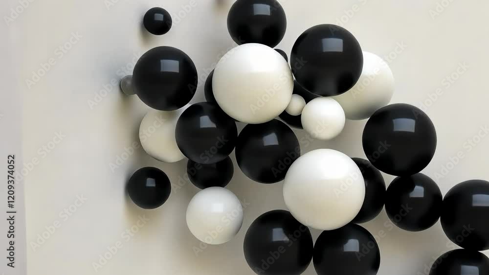 Poster white background with black and white spheres. the spheres are of different sizes and are scattered 