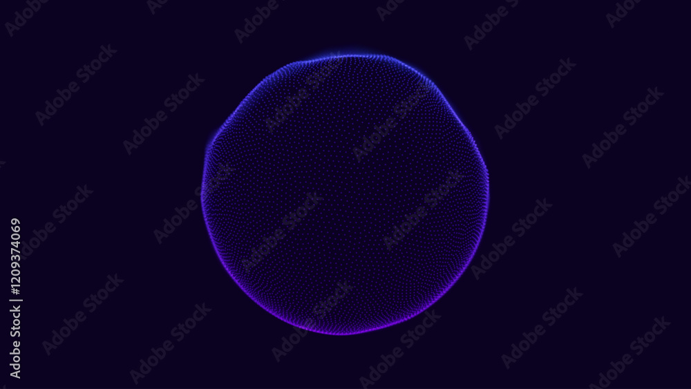 Poster Abstract Deformed 3D Sphere. Bright Glowing Radial or Circular Digital Equalizer. 3D Illuminated Distorted Sphere of Glowing Particles and Lines. Visualization of Voice, Music Playback. Vector.