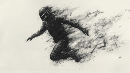 Monochrome illustration of a figure in motion, dissolving into smoke or dust.