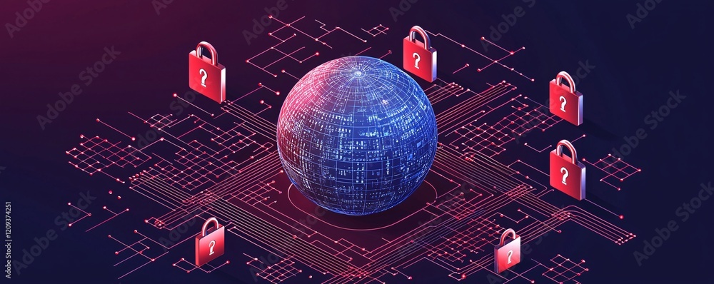 Poster a stylized globe surrounded by encrypted data streams and digital locks.