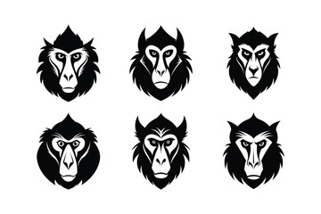 Mandrill (Mandrillus sphinx) mammal animal, labeled silhouette vector art illustration.