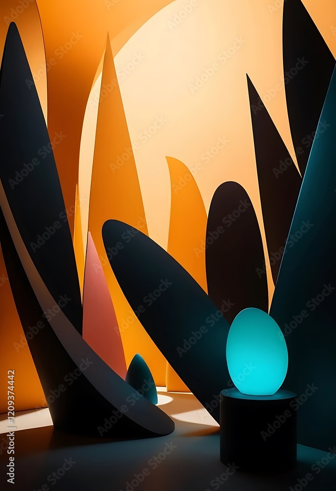 Poster abstract shapes and glowing orb create a modern art scene