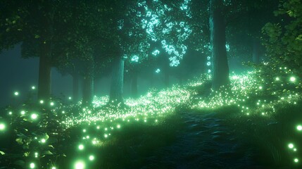 Obraz premium Enchanted Night in Bioluminescent Forest with Glowing Trees and Ethereal Light Effects