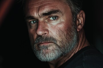 Intense Gaze of Bearded Man in Dramatic Lighting