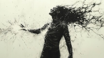 Monochrome illustration of a demonic figure with flowing dark hair and glowing energy.