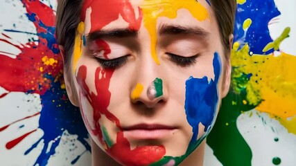 Person with closed eyes and face covered in colorful paint splashes expressive - Powered by Adobe