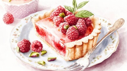 Delicious Raspberry Tart Dessert Kitchen Food Illustration Bright Close-Up Culinary Delight