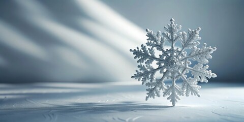 A single, glittering snowflake rests gently on a pristine surface, illuminated by soft, diffused light, creating a serene winter scene.