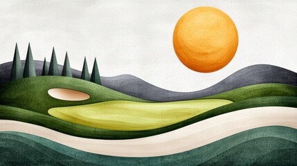 Serene Golf Course Landscape Painting Under a Vibrant Sun: A Textured Artistic Representation of Rolling Hills and Green Fairways