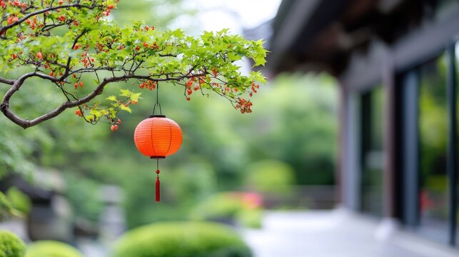 Orange lantern hanging from a tree branch in a serene garden, peaceful background