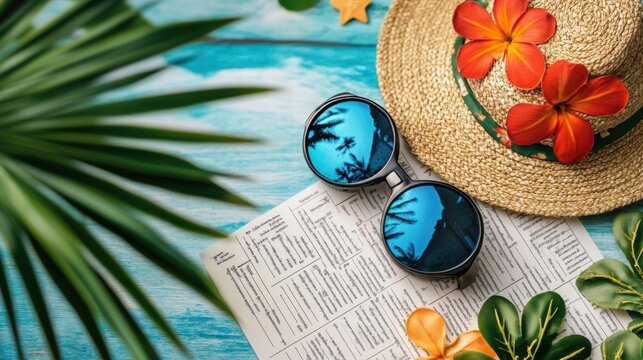 Planning Tropical Vacation with Sunglasses, Straw Hat, Tropical Flowers and Form on Blue Wood Table. Travel Theme.