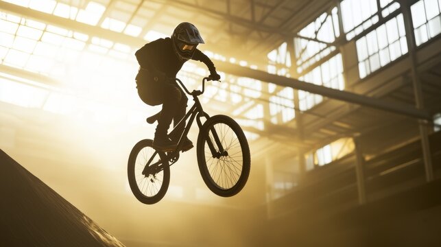 Dynamic Indoor BMX Stunt in Sunlit Warehouse - Powered by Adobe