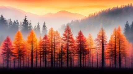 Obraz premium Autumnal sunrise over misty mountain forest