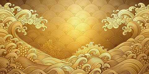 Intricate Traditional Japanese Wave Pattern on Luxurious Gold Background