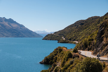 Devils Staircase road between Queenstown and Te Anau next to Lake Wakatipu during a clear summer day (South Island, New Zealand) 