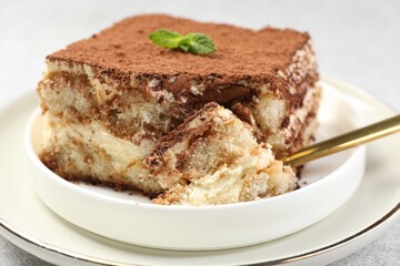 Delicious tiramisu with mint on light table, closeup