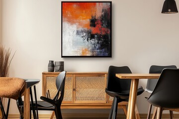 Abstract orange and black wall art in modern dining room.