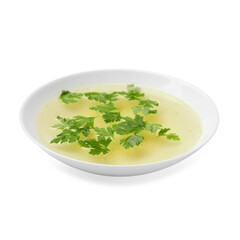 Tasty chicken bouillon with parsley in bowl isolated on white