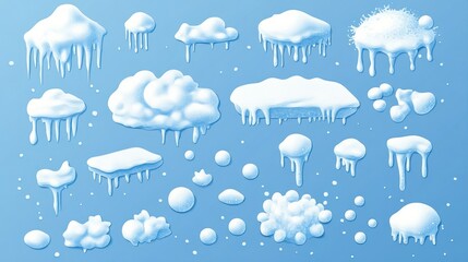 3d snow caps  icicles  snowdrifts  piles and snowballs collection on a blue background. Minimal elements for winter frames  backgrounds and buttons design. Vector illustration