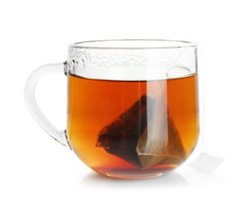 Cup with tea bag isolated on white