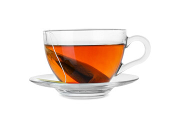 Brewing aromatic tea. Cup with teabag isolated on white