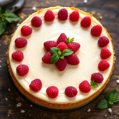 Delicious Raspberry Cheesecake Topped with Fresh Berries and Mint on a Rustic Wooden Table
