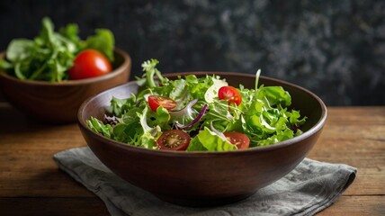 A bowl is placed on black marble and there is a juicy fish salad with vegetables in the bowl and a fork is also placed on top of the bowl and there are vegetables around ai generated