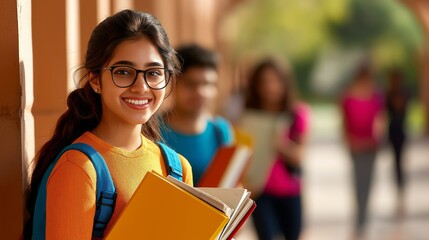 Smiling Indian female student in glasses holding books at college campus outdoors