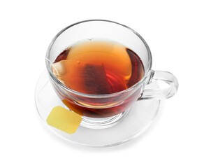 Cup with teabag isolated on white. Brewing aromatic tea