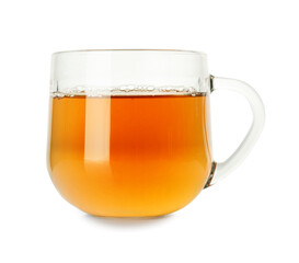 Aromatic tea in glass cup isolated on white