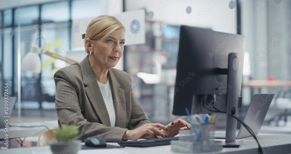 Poster HR Manager Preparing for Job Interviews for Office Manager Position on a Desktop Computer. Female Assessing Candidate Skills and Experience in a Positive And Productive Work Environment
