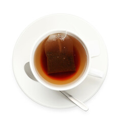 Tea bag in cup with hot drink isolated on white, top view