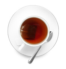 Tea bag in cup with hot drink isolated on white, top view