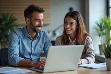 Obraz premium Happy Professional Business Man and Woman Working on a Laptop at an Office Meeting, Two Busy Colleagues Collaborating and Discussing a Business Plan Together. Generative AI