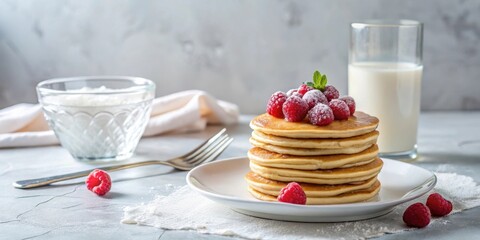 A delightful stack of fluffy pancakes, adorned with fresh raspberries and a dusting of powdered sugar, served alongside a refreshing glass of milk, creating a perfect breakfast scene.