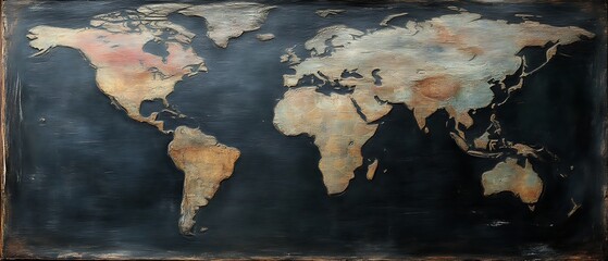 Rustic world map art on dark background.