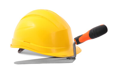 Hardhat and trowel isolated on white. Construction tool