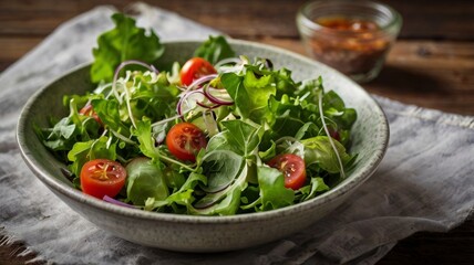 A bowl is placed on black marble and there is a juicy fish salad with vegetables in the bowl and a fork is also placed on top of the bowl and there are vegetables around ai generated