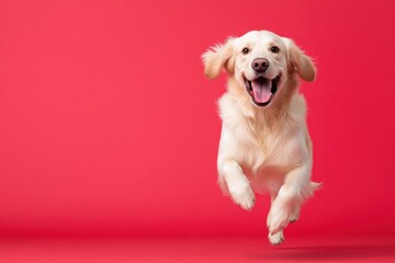 Golden retriever running and jumping on red background