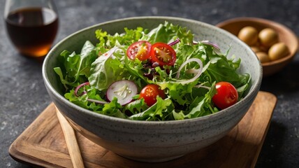 A bowl is placed on black marble and there is a juicy fish salad with vegetables in the bowl and a fork is also placed on top of the bowl and there are vegetables around ai generated