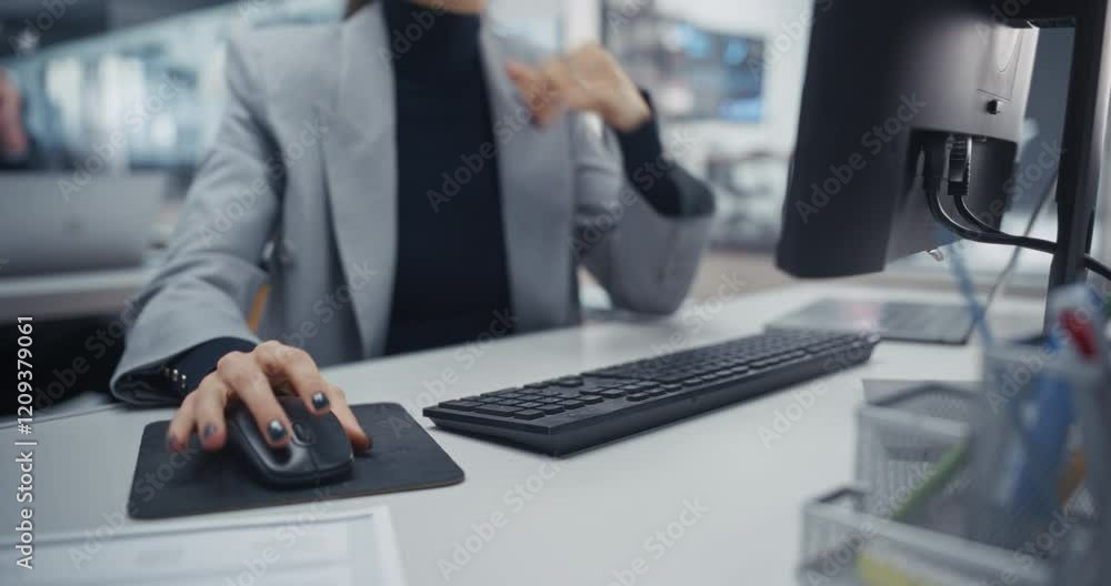 Poster Anonymous Female Sitting Behind a Desk in Office, Working on a Desktop Computer, Using Mouse and Typing on Keyboard. Manager Using Internet Software, Browsing for Information and Communicating Online