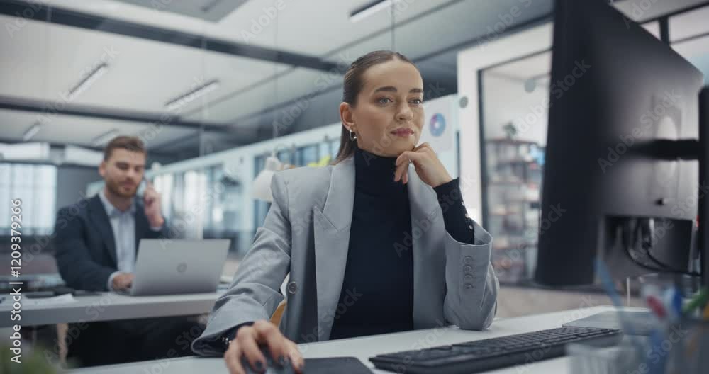 Poster Young Caucasian Woman Using a Desktop Computer Behind Her Desk. Manager Browsing Internet, Checking and Answering Emails, Researching Data. Zoom In Portrait of a Female at Work in Office