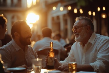Father and son sharing a beer at outdoor restaurant during sunset