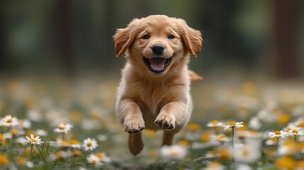Adorable golden retriever puppy leaping joyfully in a field of daisies.