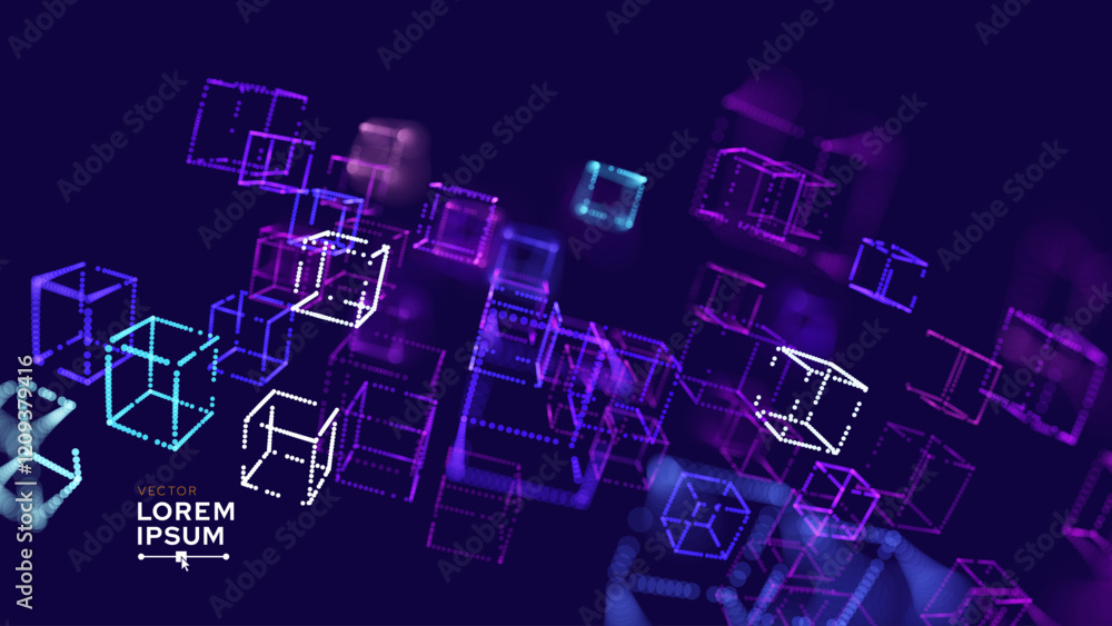 Fototapete Big Data 3D Cubes Quantum Computer Business Server Concept Background. 3D Blockchain Cube Blocks Concept. Data Core Abstract Cubes. Artificial Intelligence HUD Design Element.