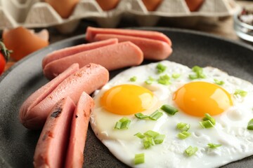 Tasty fried eggs with cut sausages and green onion in frying pan on table, closeup