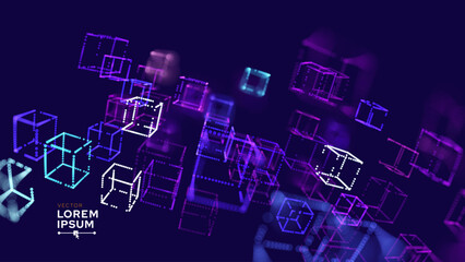 Big Data 3D Cubes Quantum Computer Business Server Concept Background. 3D Blockchain Cube Blocks Concept. Data Core Abstract Cubes. Artificial Intelligence HUD Design Element.