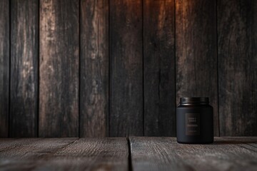 Black jar on rustic wooden surface against dark wood background.